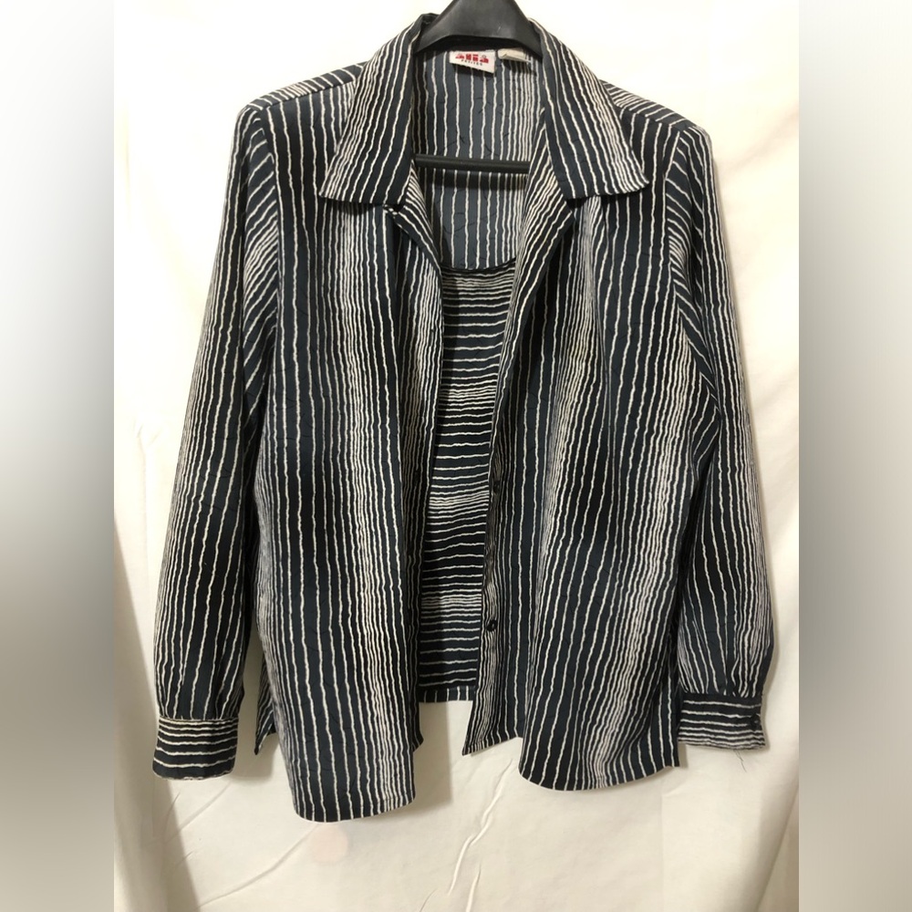 Alia Navy and White Striped Button-Up Blouse with Shell